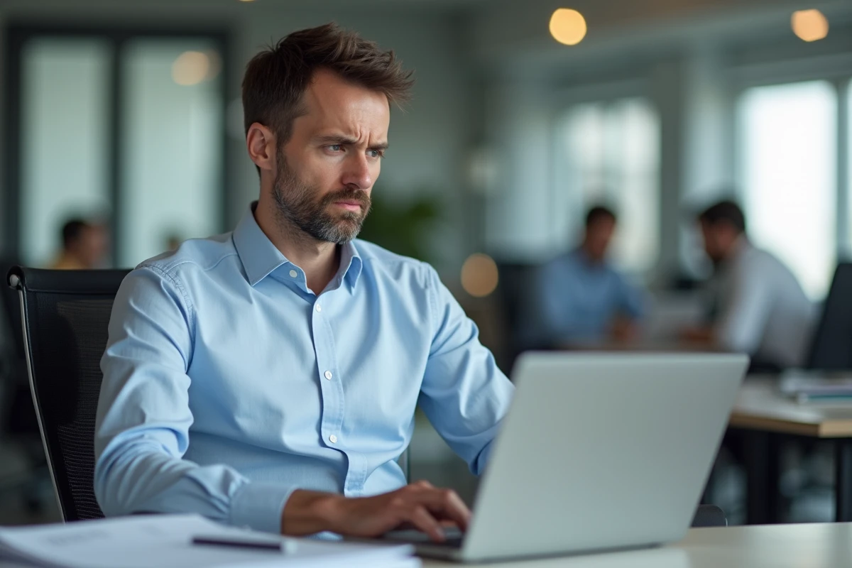 Homme en bureau regardant un écran d'ordinateur avec une expression dubitative face à une formation inadaptée à son objectif professionnel
