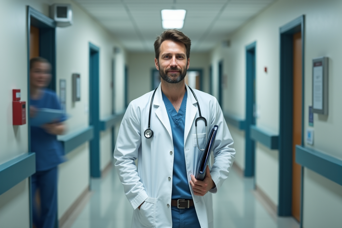 Médecin en blouse discutant dans un couloir d