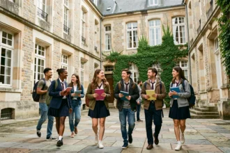 Vue générale d'un lycée normand avec des élèves dans la cour intérieure