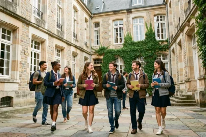 Vue générale d'un lycée normand avec des élèves dans la cour intérieure