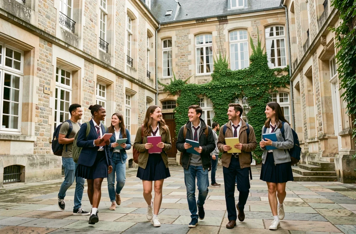 Vue générale d'un lycée normand avec des élèves dans la cour intérieure