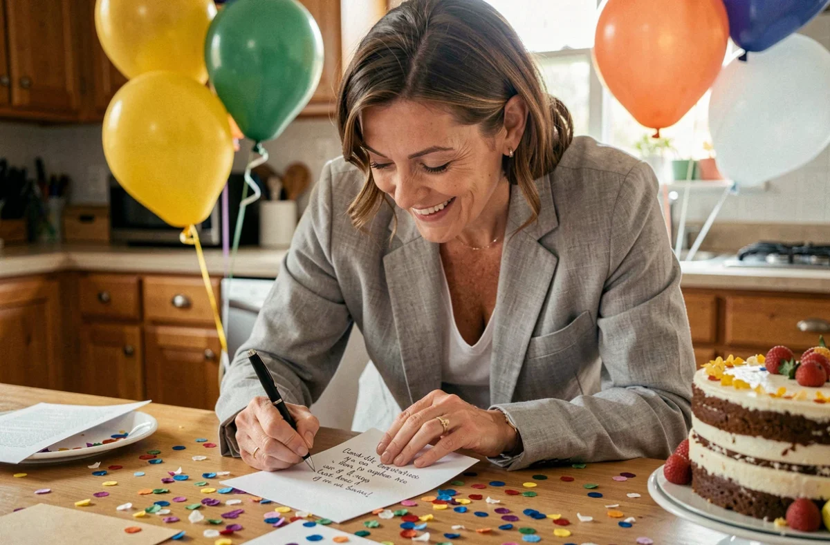 Femme souriante écrivant un message de félicitations humoristique pour le bac dans une cuisine décorée pour la fête