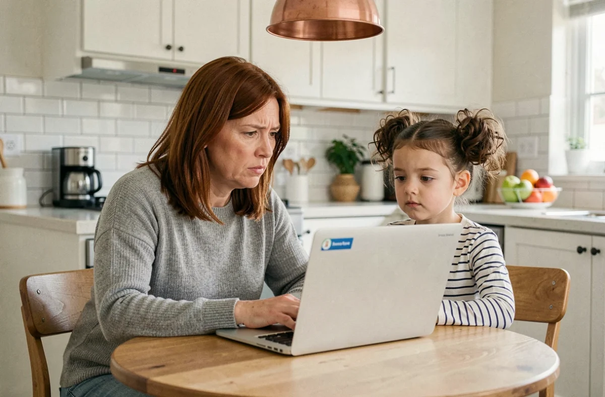 Mère et fille consultant ensemble un test de QI en ligne sur un ordinateur portable dans la cuisine