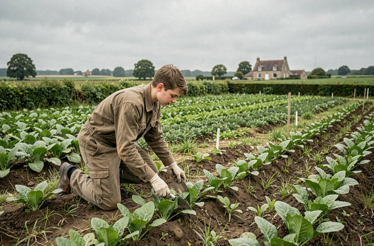Apprenti de la MFR de la Manche travaillant dans un champ agricole normand