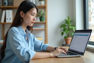 Jeune femme mettant à jour ses informations personnelles sur la plateforme Cyclades depuis son bureau à domicile