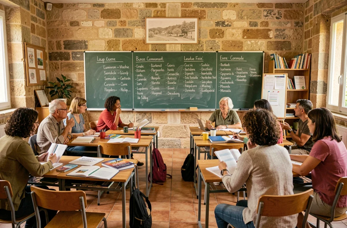 Salle de cours multilingue de Montpellier Babel au cœur de la ville, murs en pierre apparente