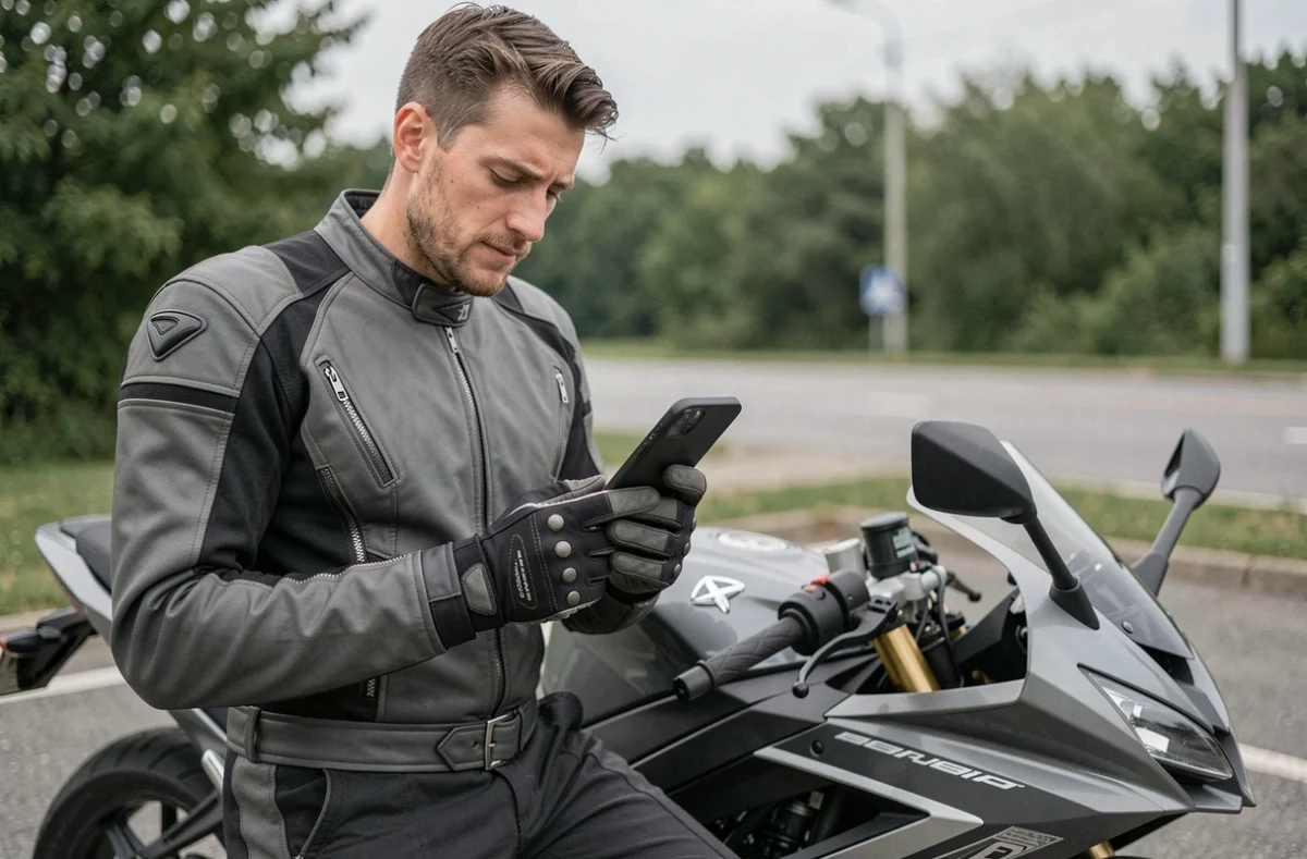 Motard consultant le code de la route moto sur smartphone appuyé contre sa moto dans un parking