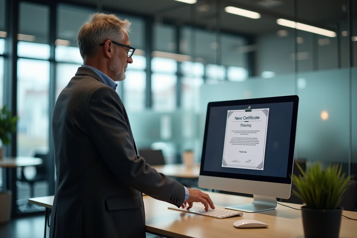 Homme adulte contemplant un certificat de formation sans matériel pratique sur son bureau illustrant la négligence de la mise en pratique des compétences acquises