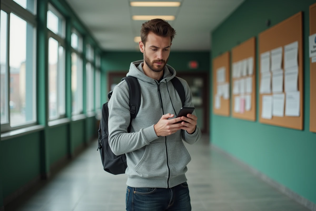 Nouvel arrivant consultant l'accès à la BOITE académique sur son smartphone dans un couloir d'établissement scolaire à Clermont-Ferrand