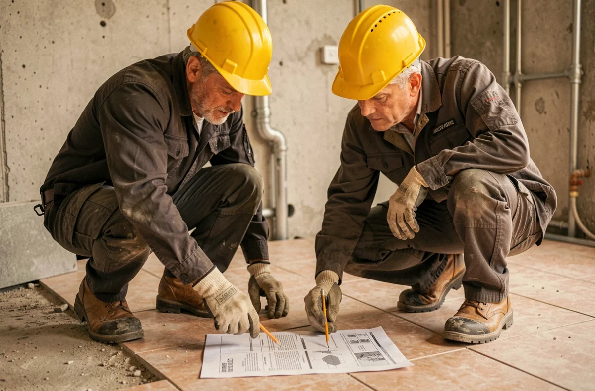 Deux ouvriers du bâtiment en formation continue sur chantier, révision de documents techniques BTP