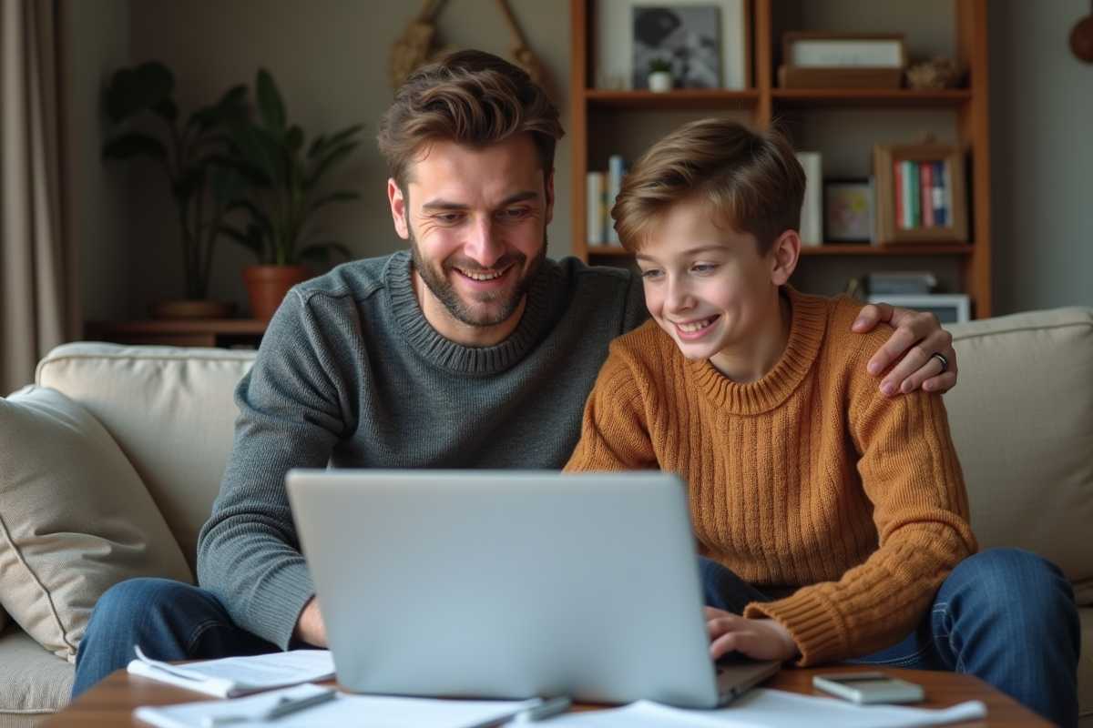 Père et fils examinant ensemble des formulaires EF sur un ordinateur