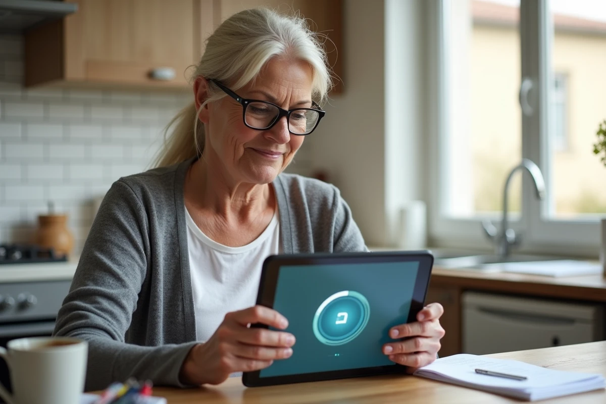 Mère de famille cherchant à se connecter à l'espace parent de l'ENT SCOLAWEB depuis une tablette dans la cuisine