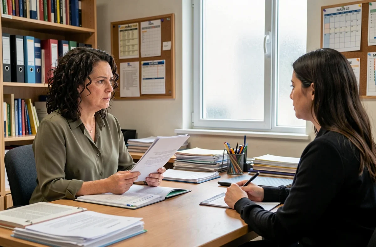 Mère d'élève en réunion avec un conseiller pédagogique pour discuter du parcours scolaire SEGPA