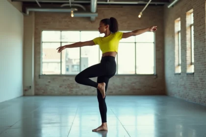 Jeune femme exécutant un pas de base de Kuduro en studio de danse urbain, vêtements de sport jaune et noir