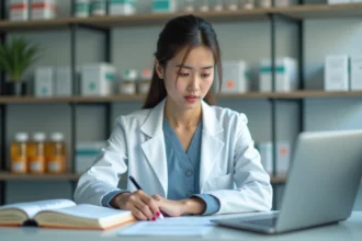 Jeune femme en blouse blanche dans un bureau de pharmacie