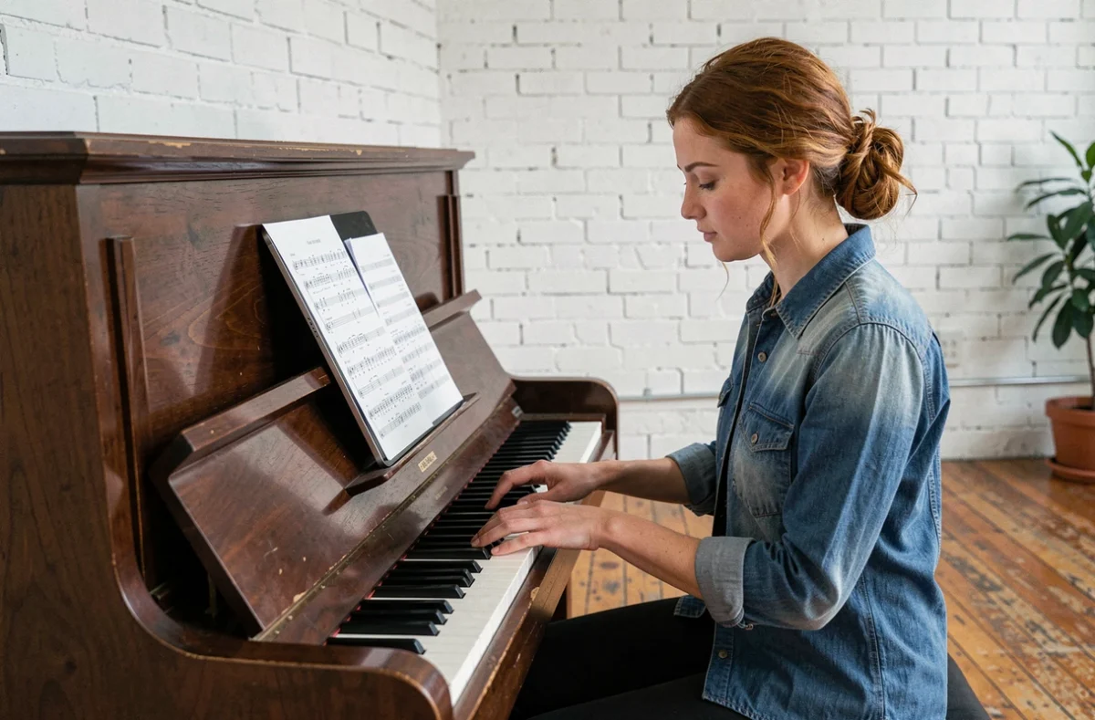 Pianiste consultant une tablature PDF de Let It Be sur une tablette posée sur un piano droit