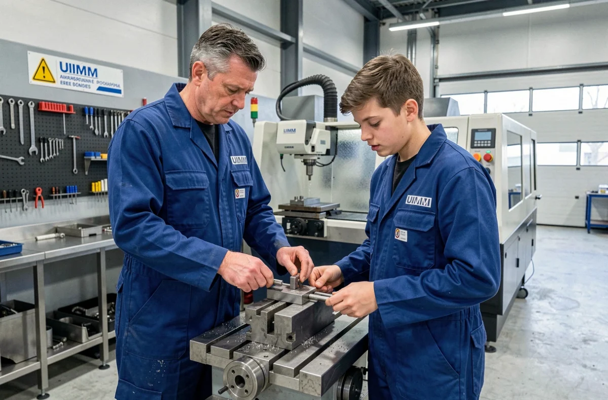 Formateur UIMM encadrant un apprenti sur une machine industrielle au pôle formation de Cherbourg
