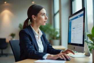 Agente administrative utilisant le portail métier 76 sur son ordinateur de bureau dans un open space moderne