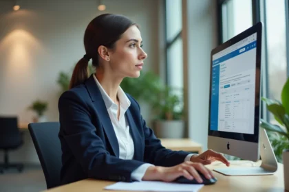 Agente administrative utilisant le portail métier 76 sur son ordinateur de bureau dans un open space moderne
