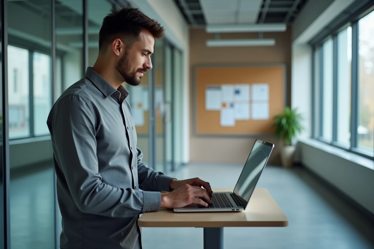 Employé territorial masculin consultant le portail métier 76 sur un ordinateur portable dans un espace collaboratif