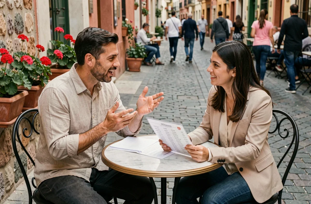 Homme pratiquant la conjugaison espagnole en conversation avec une tutrice dans un café en plein air