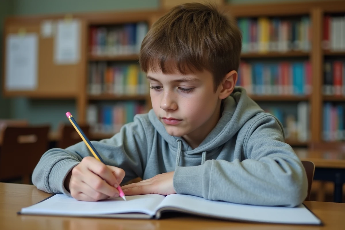 Adolescent préparant son discours de candidature au poste de délégué de classe dans une bibliothèque scolaire
