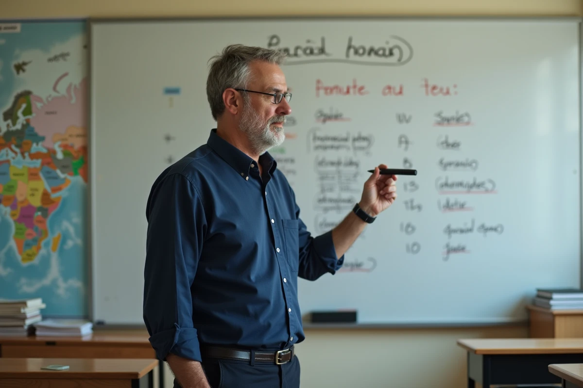 Professeur écrivant la conjugaison du verbe tener au passé simple sur un tableau blanc en salle de classe