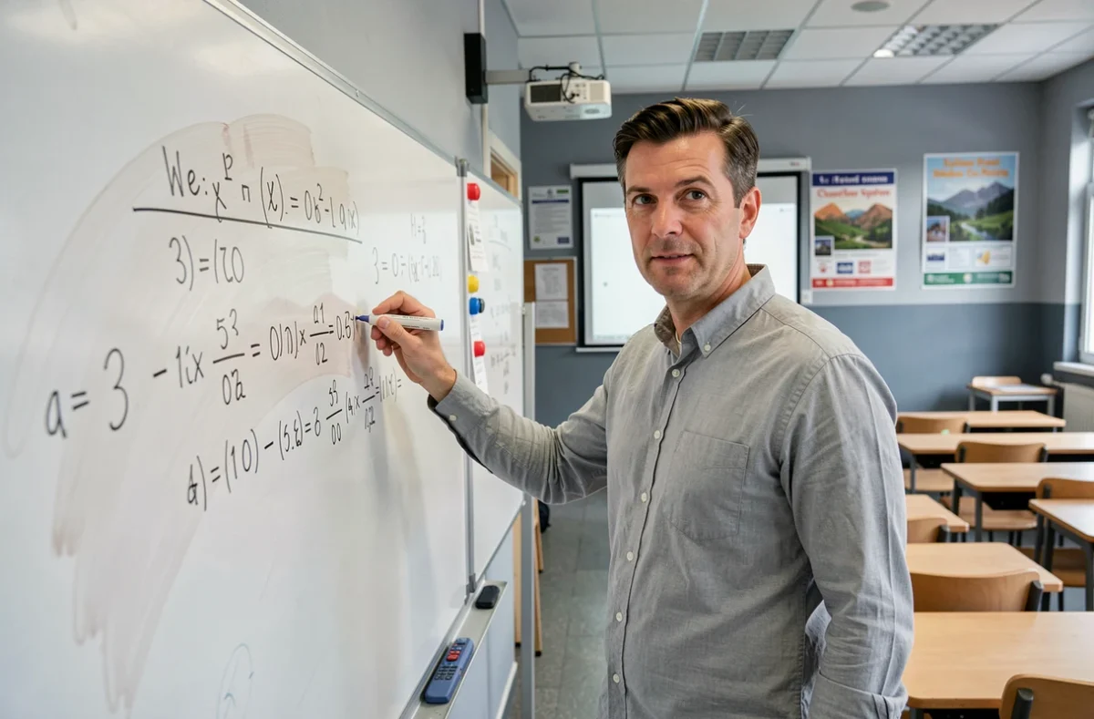 Professeur expliquant le calcul de moyenne avec coefficient au tableau dans une salle de classe
