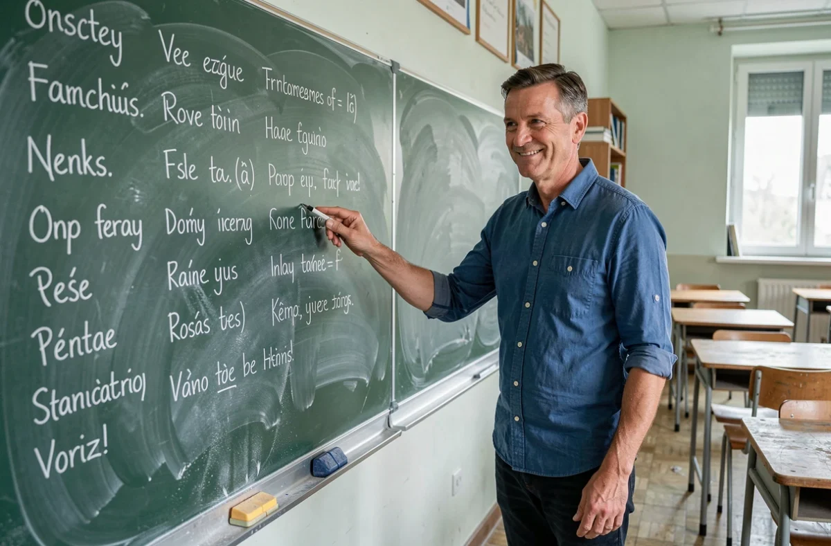 Professeur devant un tableau avec une liste de verbes irréguliers du 3ème groupe