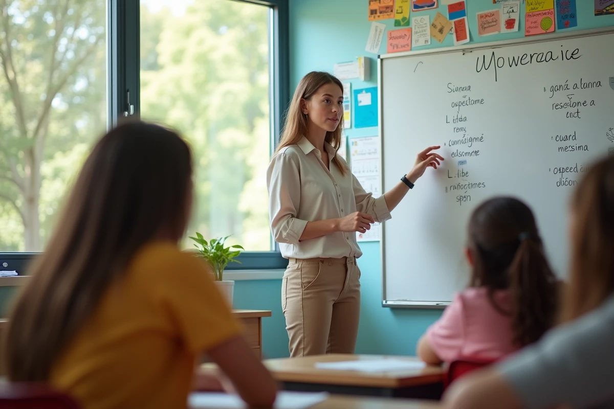 Professeure expliquant la conjugaison espagnole aux élèves