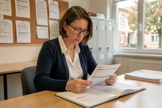 Professeure des écoles consultant ses fiches de paie à son bureau dans la salle des profs