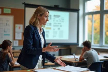 Professeure d'université expliquant les erreurs courantes d'un kit de design étudiant devant une classe équipée de tables à dessin