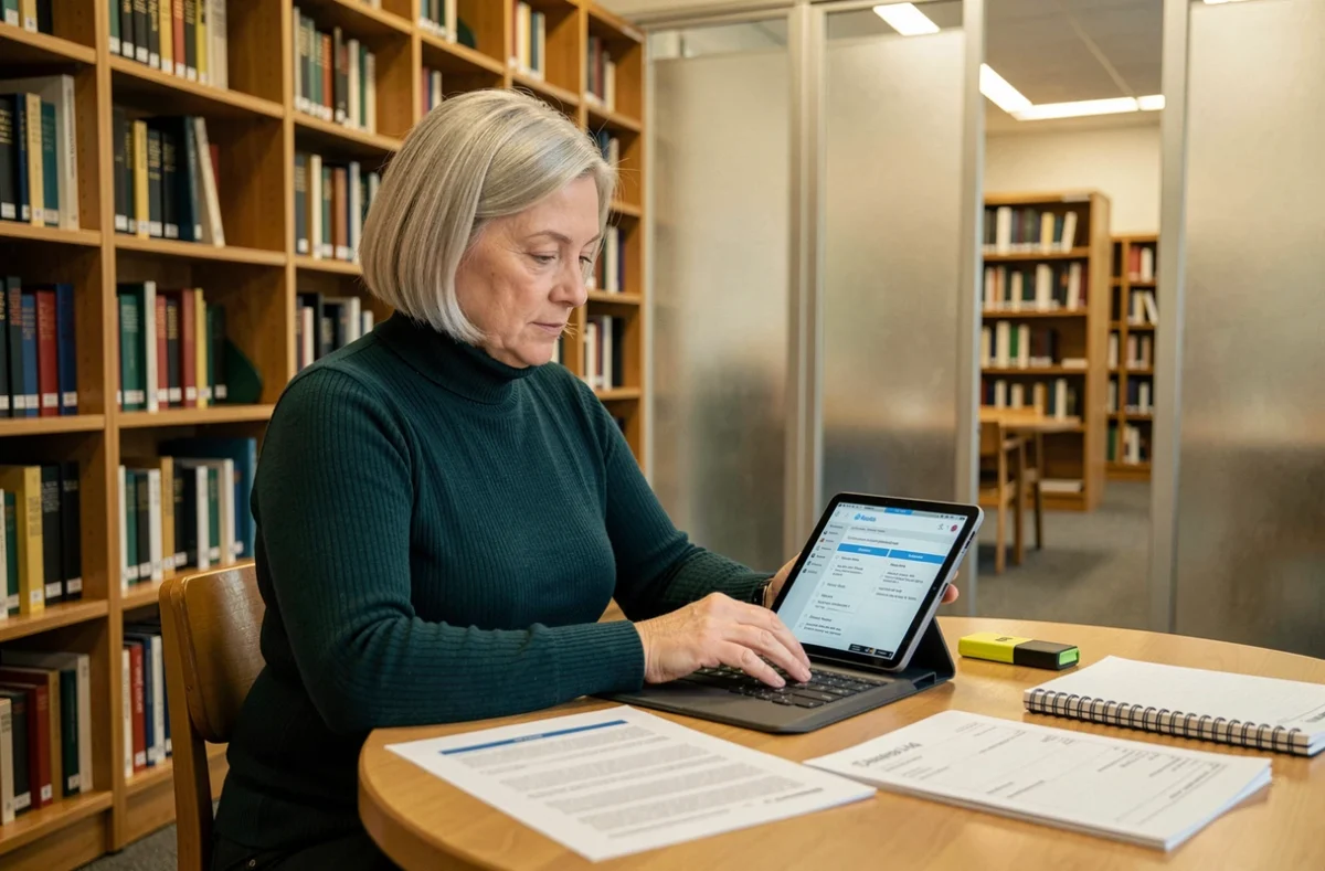 Professeure planifiant et structurant ses cours en ligne sur Moodle UHA dans une salle d'étude de bibliothèque universitaire