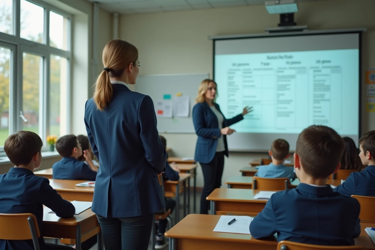 Professeure présentant les règles de vie scolaire en classe au collège