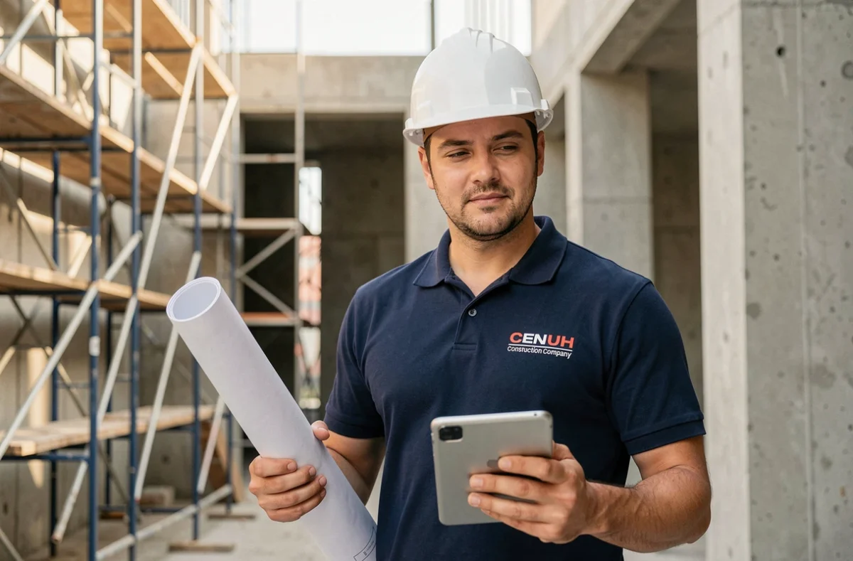 Professionnel du BTP sur chantier avec casque blanc et plans de construction, formation bâtiment Mon-Institut-du-BTP.fr