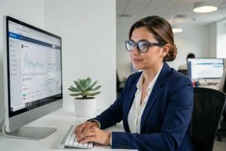 Professionnelle en marketing analysant les tarifs d'un logiciel emailing sur son ordinateur de bureau