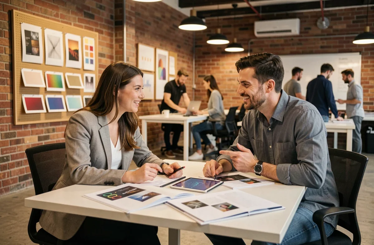 Deux professionnels issus de formations en animation discutant de leur portfolio dans une agence créative moderne
