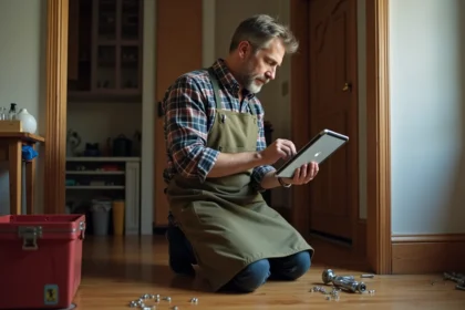 Propriétaire homme en tablier effectuant une réparation de bricolage chez lui en suivant un tutoriel sur tablette