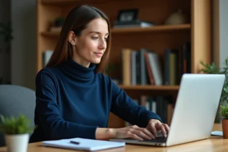 Femme consultant les paramètres de confidentialité sur un ordinateur portable dans un bureau à domicile moderne