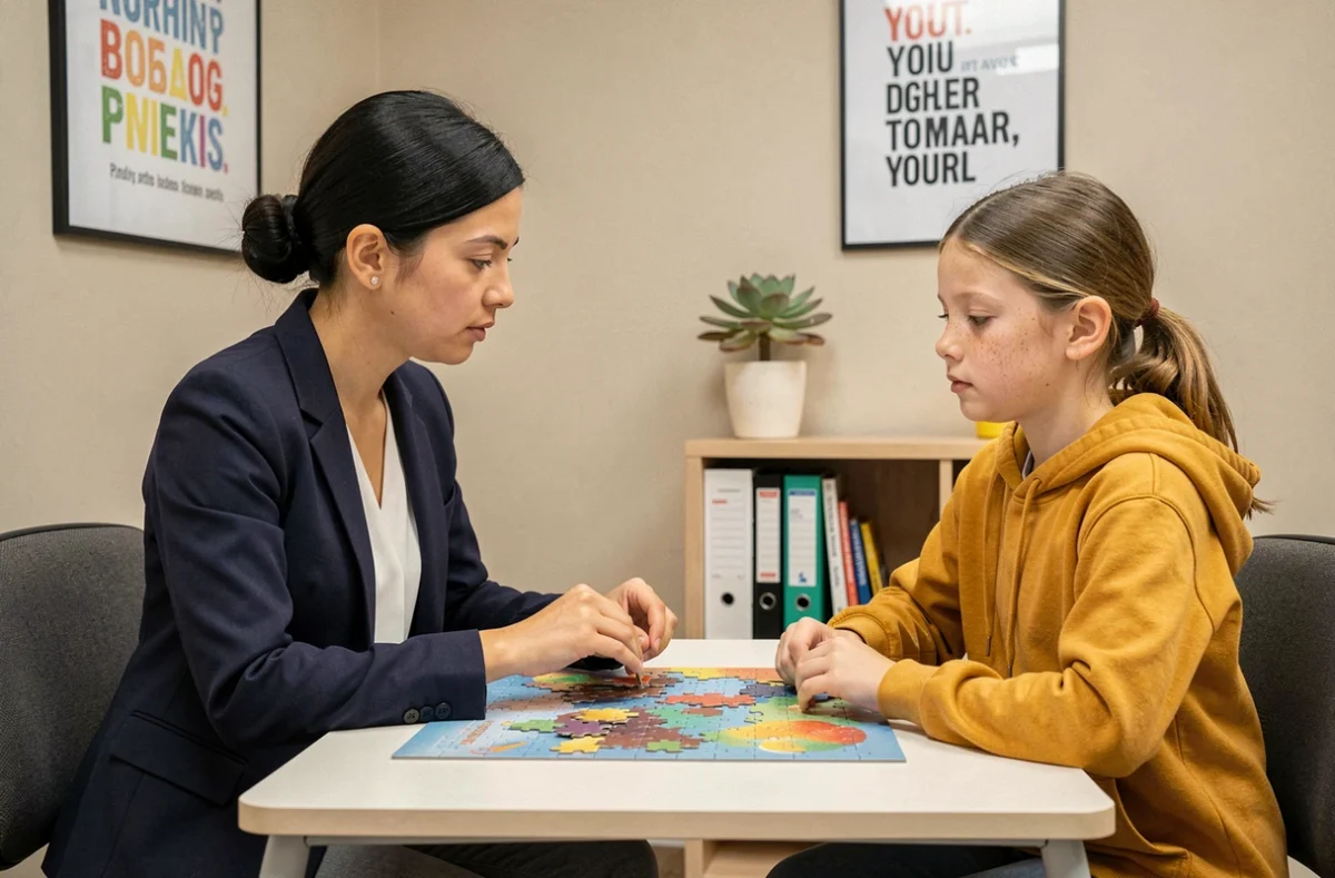 Psychologue pour enfants faisant passer un test cognitif à une jeune fille dans un cabinet spécialisé