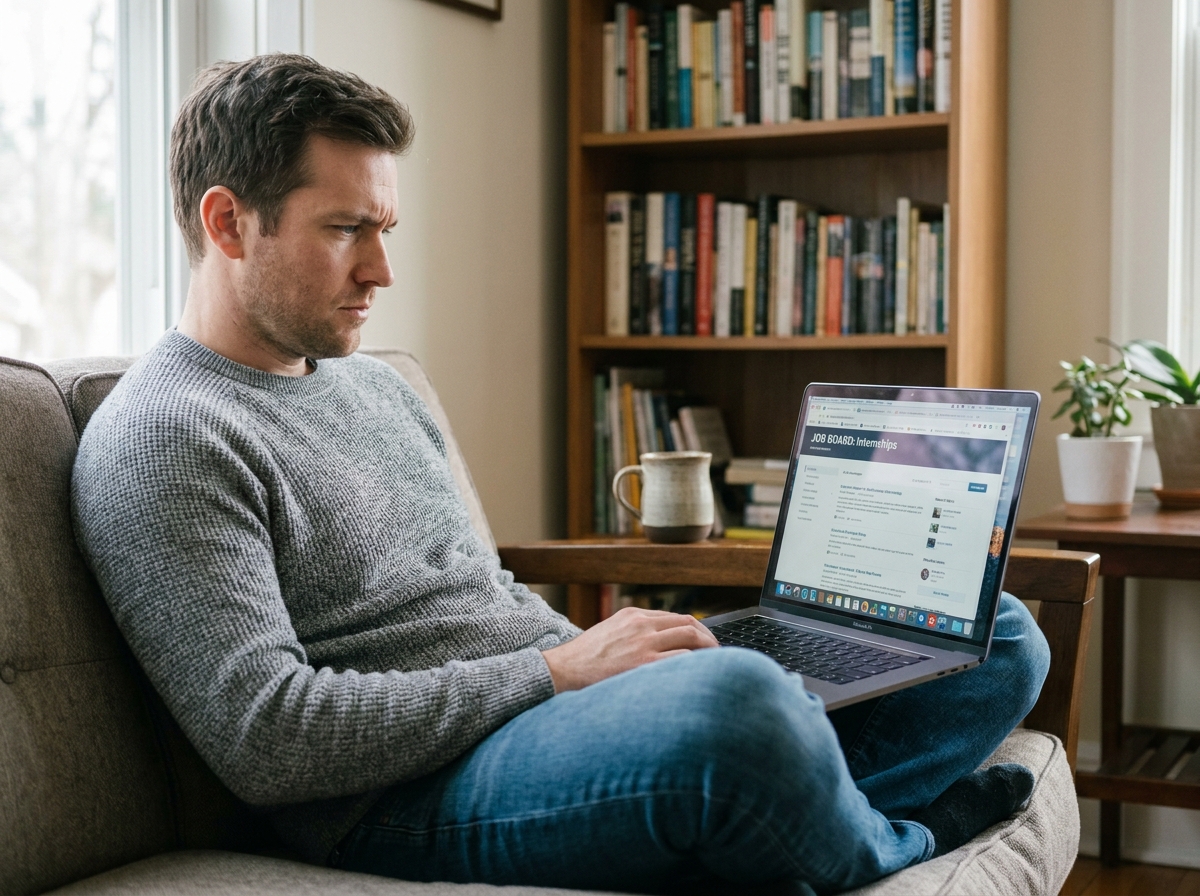 Homme recherchant et analysant des offres de stage sur son ordinateur portable depuis son domicile