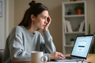 Jeune femme frustrée devant un formulaire de réinitialisation de mot de passe sur son ordinateur portable
