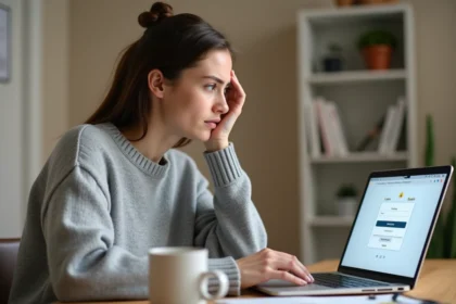 Jeune femme frustrée devant un formulaire de réinitialisation de mot de passe sur son ordinateur portable