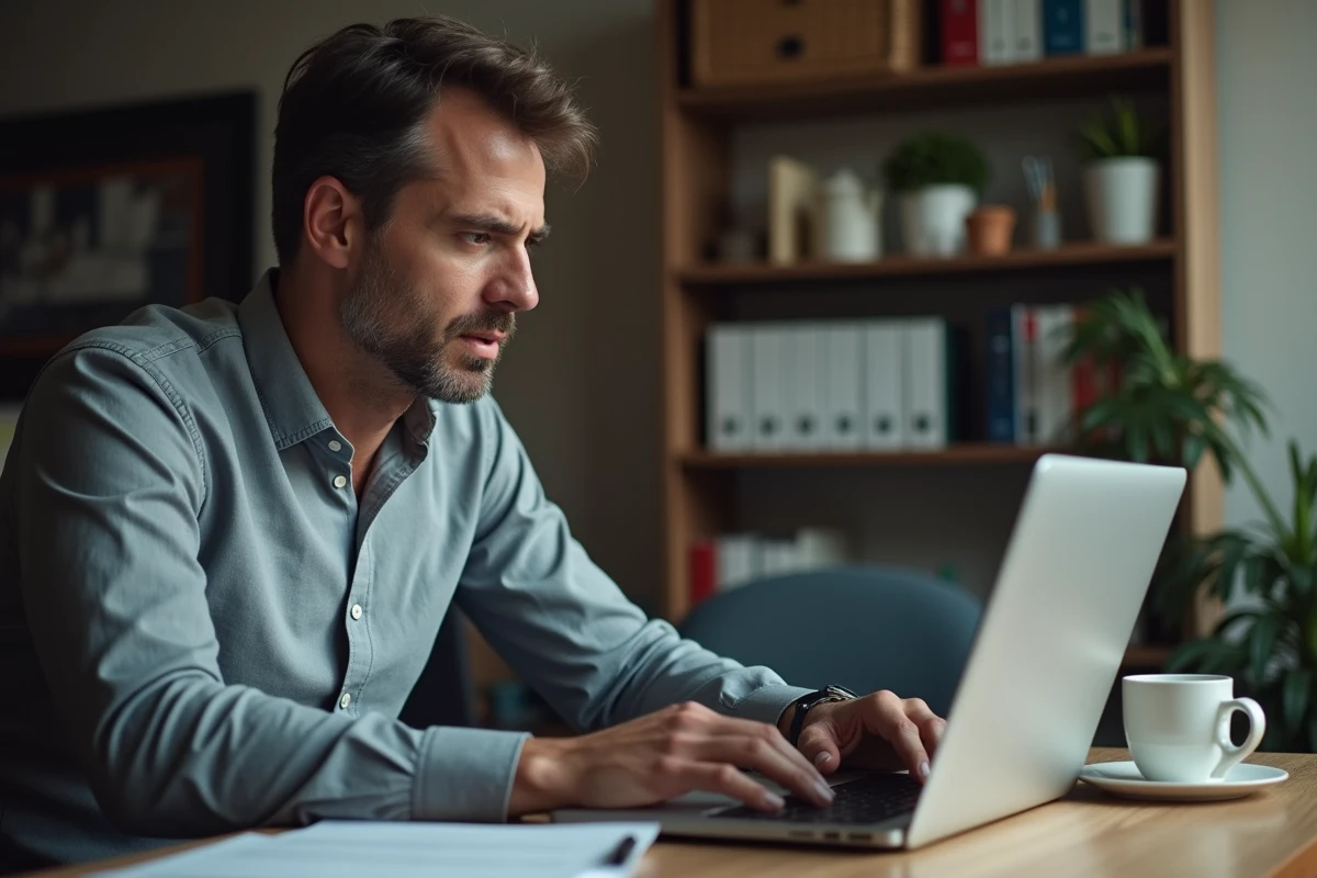 Homme se réinscrivant sur le site France Travail depuis son bureau à domicile sur un ordinateur portable