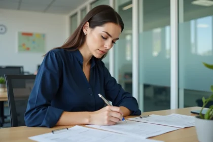 Femme remplissant un formulaire de réinscription à France Travail dans une agence pour l'emploi