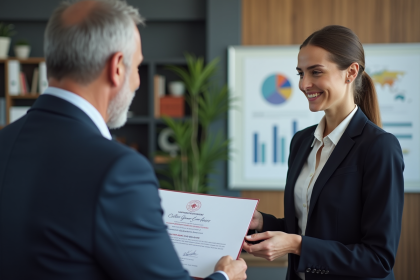 Femme souriante recevant un certificat d'un mentor dans un bureau moderne