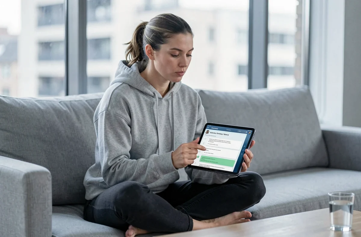 Femme révisant le code de la route pour moto sur tablette dans un salon moderne