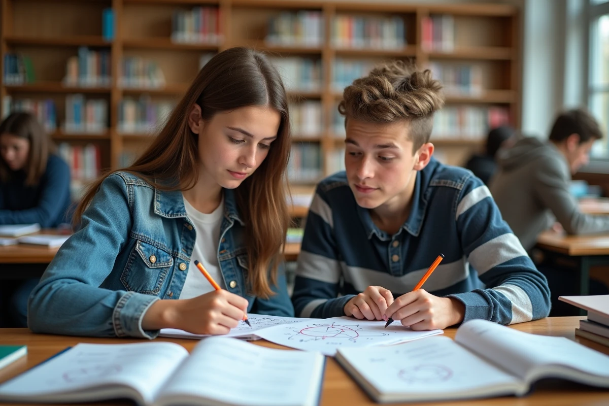 Deux lycéens révisant ensemble des exercices de trigonométrie de première dans une bibliothèque la veille d'un contrôle