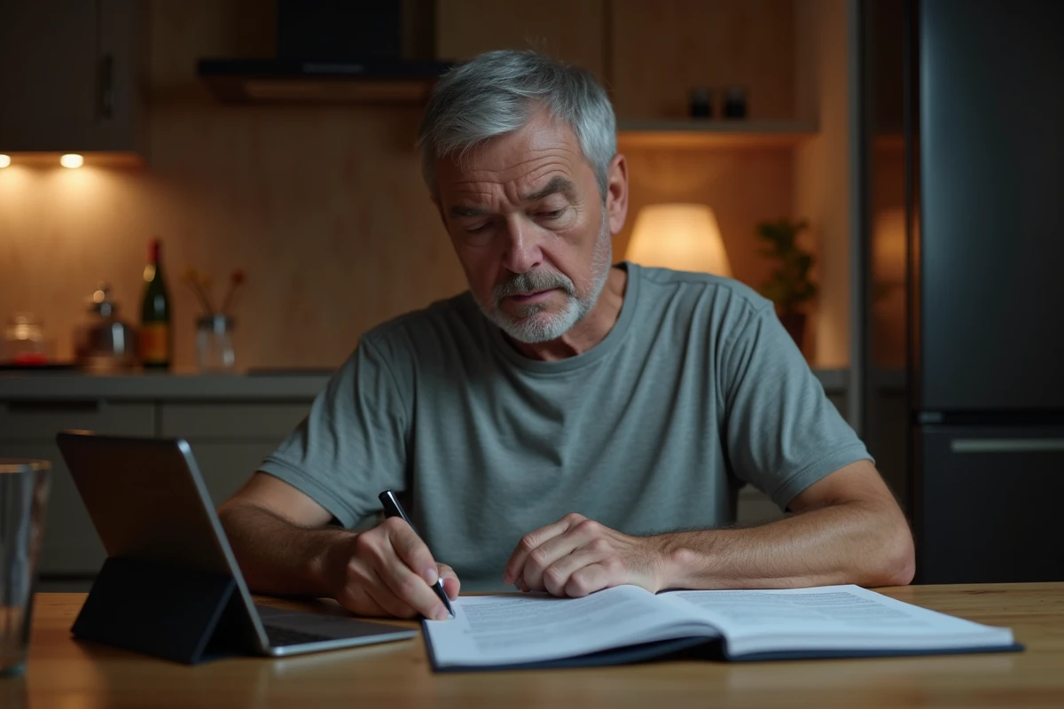 Homme adulte fatigué étudiant le soir à la cuisine avec un manuel dense illustrant un rythme d'apprentissage inadapté à son profil cognitif