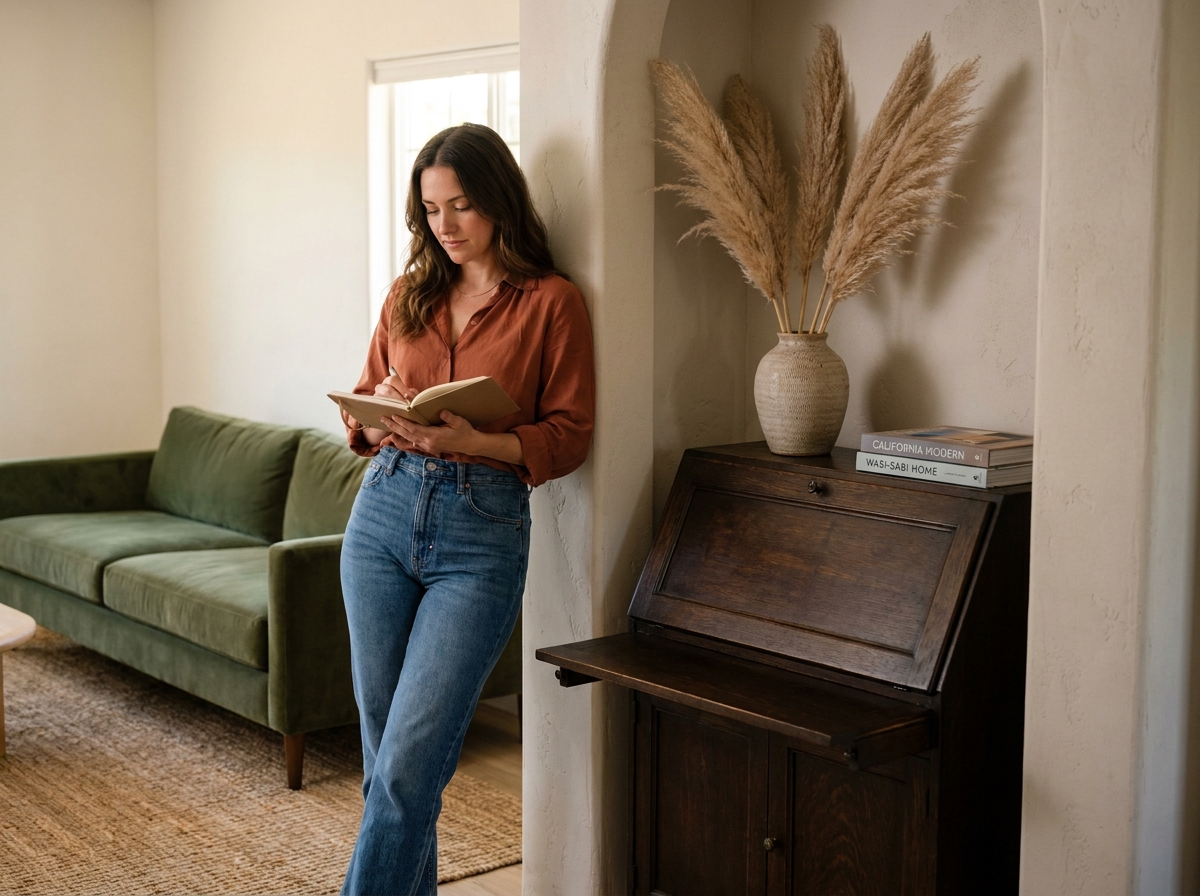 Secrétaire vintage fermé stylisé comme meuble décoratif dans un salon cosy, bureau discret à domicile